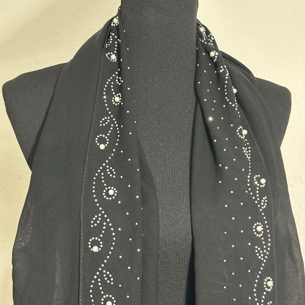 Jessica McClintock Black Sheer Chiffon Shawl Wrap Rhinestone Pearl Accent Vintag - Picture 4 of 6